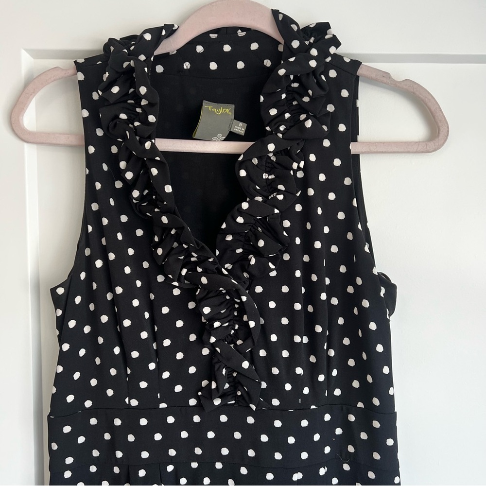 Taylor Sleeveless Black and White Polka Dot Ruffle Neck Dress - Picture 5 of 10